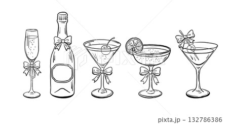 Cocktail and champagne glasses with bows outline 132786386