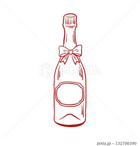Champagne bottle with bow red outline drawing Champagne bottle with bow red outline drawing 132786390