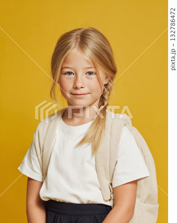Blonde schoolgirl student smiling wearing backpack on yellow background 132786472