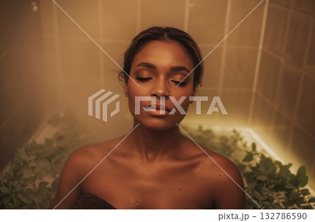 Serene woman relaxing in soft misted steam room surrounded by calming eucalyptus leaves 132786590