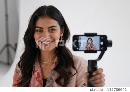 Fashion creator films vibrant outfit in sleek minimalist studio filled with soft light 132786641
