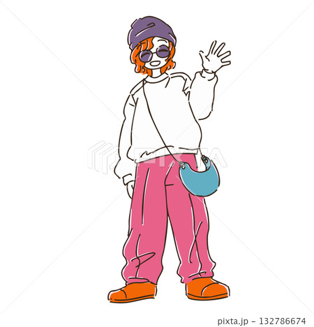 シンプルかわいい手描きの秋コーデ女子のイラスト素材 132786674