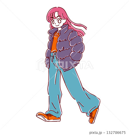 シンプルかわいい手描きの秋コーデ女子のイラスト素材 132786675