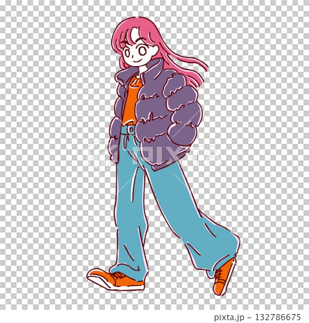 シンプルかわいい手描きの秋コーデ女子のイラスト素材 132786675