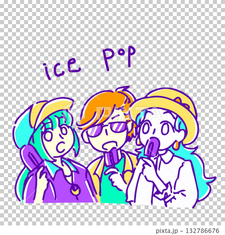 簡單可愛的手繪插畫素材，描繪了穿著夏裝的女孩們在吃冰淇淋。 132786676