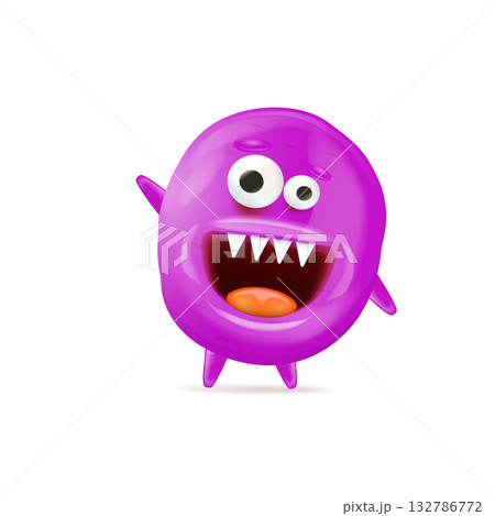 Vector cartoon funny violet christmas monster isolated on white background. Smiling silly violet monster print sticker design template. halloween character 132786772