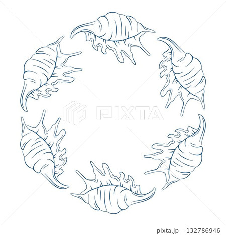 Seashell border frame with murex shell arranged in circle in line art style. Ocean or marine life illustration for greeting card, banner, poster design. Seashell border frame with murex shell arranged in circle in line art style. Ocean or marine life illustration for greeting card, banner, poster design. 132786946