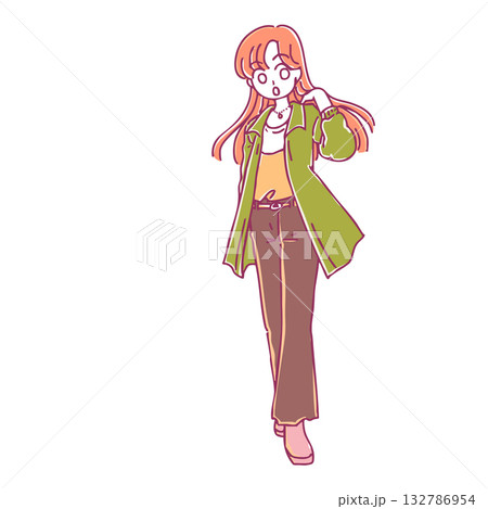シンプルかわいい手書きの春コーデ女子のイラスト素材 シンプルかわいい手書きの春コーデ女子のイラスト素材 132786954
