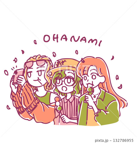 シンプルかわいい手書きの春コーデ女子たちがお花見をしているイラスト素材 132786955