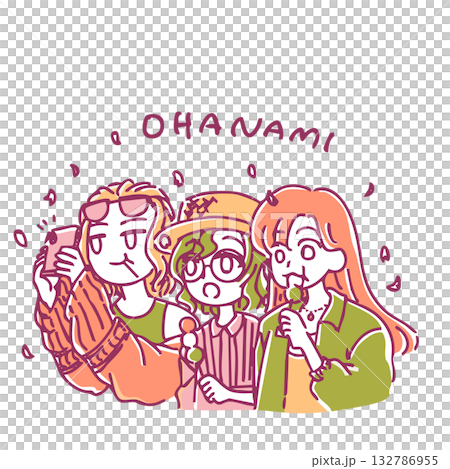 シンプルかわいい手書きの春コーデ女子たちがお花見をしているイラスト素材 132786955