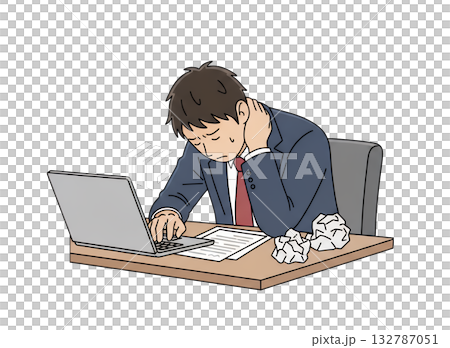 一位年輕的商人雙手抱頭，對著電腦。 132787051