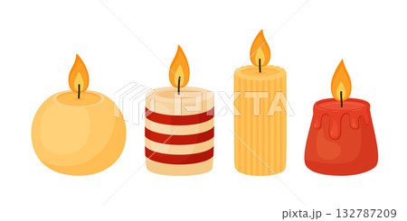 Burning candles set. Different wax candles. Hand drawn flat style isolated Burning candles set. Different wax candles. Hand drawn flat style isolated 132787209