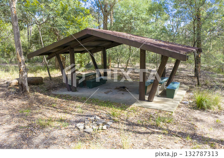 An old wooden picnic shelter in a forest in the Blue Mountains An old wooden picnic shelter in a forest in the Blue Mountains 132787313