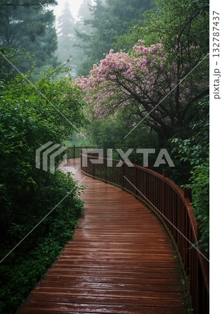 Wooden walkway curving through forest under blossoms, soft rain, and misty reflections Wooden walkway curving through forest under blossoms, soft rain, and misty reflections 132787437