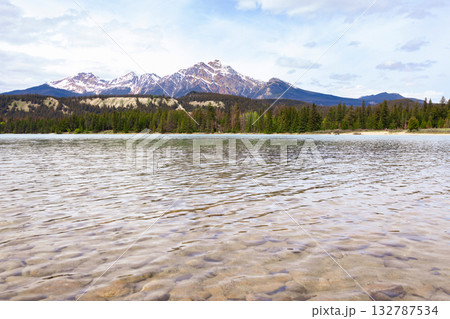 Scenic view to cyan cold waters of the mountain lake. Scenic view to cyan cold waters of the mountain lake. 132787534