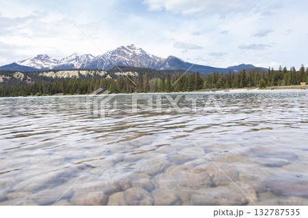 Scenic view to cyan cold waters of the mountain lake. Scenic view to cyan cold waters of the mountain lake. 132787535
