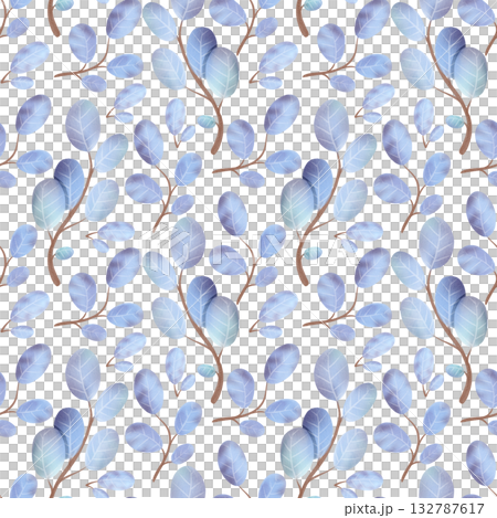Seamless pattern with a branch of winter leaves in a watercolor style. Hand-drawn illustration. Plants in blue. 132787617