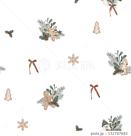 Christmas seamless pattern with pine branches, for tree, bow. Repeat ornament with illustration holly and red berries and sweet cookie gingerbread and snowman. 132787683
