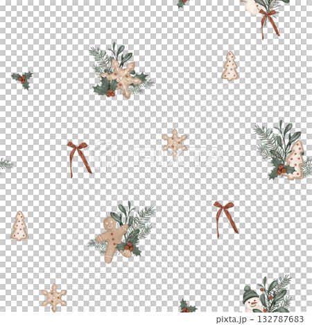 Christmas seamless pattern with pine branches, for tree, bow. Repeat ornament with illustration holly and red berries and sweet cookie gingerbread and snowman. 132787683