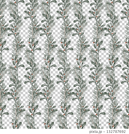 Seamless pattern with watercolor Christmas tree branches and red berry of ilex or holly. Hand painted illustration on isolated beige background. Seamless banner garland for christmas and new year. 132787692
