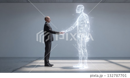 Man in suit shaking hands with transparent glowing AI figure 132787701