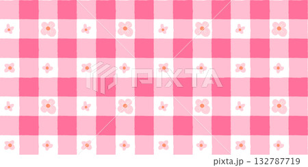 Pink gingham vector seamless pattern with flowers, Plaid check background for tablecloths, napkins and summer designs 132787719