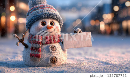 Snowman holding letter with city lights background 132787731
