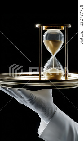 White-Gloved Hand Holding Gold Tray with Hourglass Under Dramatic Spotlight on Black White-Gloved Hand Holding Gold Tray with Hourglass Under Dramatic Spotlight on Black 132787738