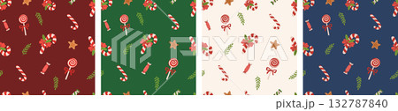 Set of cute Christmas festive seamless pattern with candy, lollipops, and gingerbread on color background. Xmas vector illustration Set of cute Christmas festive seamless pattern with candy, lollipops, and gingerbread on color background. Xmas vector illustration 132787840
