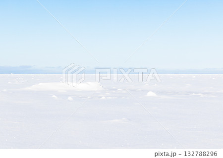 A serene, expansive snow covered frozen Northern sea stretches to the horizon A serene, expansive snow covered frozen Northern sea stretches to the horizon 132788296