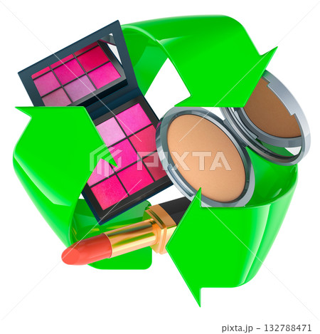 Cosmetics with recycling symbol. 3D rendering Cosmetics with recycling symbol. 3D rendering 132788471
