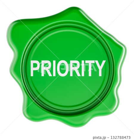 Priority, green wax seal. 3D rendering Priority, green wax seal. 3D rendering 132788473