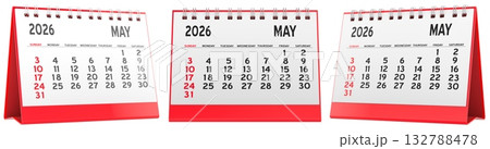 Desk calendar, May 2026. Front and side views, 3D rendering 132788478