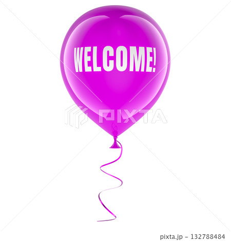 Welcome, purple balloon with ribbon. 3D rendering 132788484