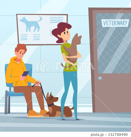 Veterinary. pet owners in vet clinic. vector concept background for animals care Veterinary. pet owners in vet clinic. vector concept background for animals care 132788490