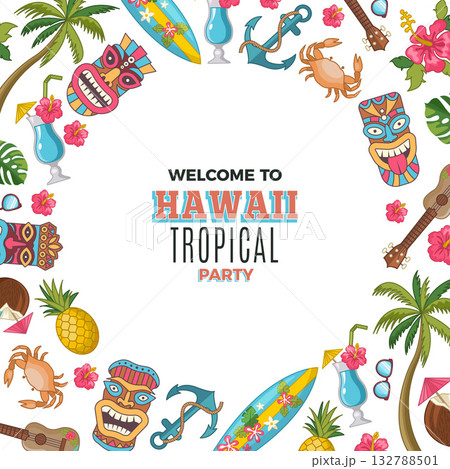 Hawaii poster. circle shape background with tropical authentic items of hawaii. tiki tribal masks Hawaii poster. circle shape background with tropical authentic items of hawaii. tiki tribal masks 132788501