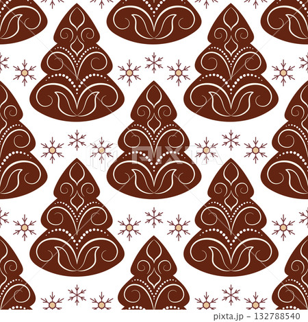 Sweet winter holiday seamless pattern on white background. Brown gingerbread Christmas trees with snowflake decor. Brown fir tree with white curls. Warm christmas holiday decor 132788540