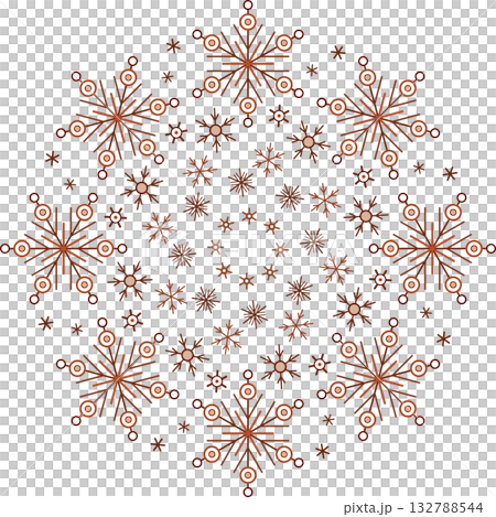 Winter round ornament of brown snowflakes. Gingerbread snowflakes on white background. Mandala ornament illustration. Christmas holiday decor 132788544