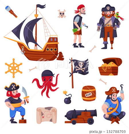 Pirates with Man Filibuster and Piracy Object Vector Set 132788703