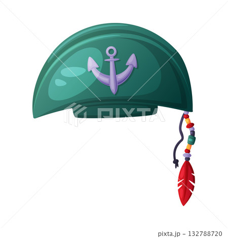 Pirate Hat and Headdress for Corsair with Feather and Anchor Vector Illustration 132788720