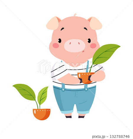 Cute Pig Character Hold Plant in Pot Vector Illustration 132788746