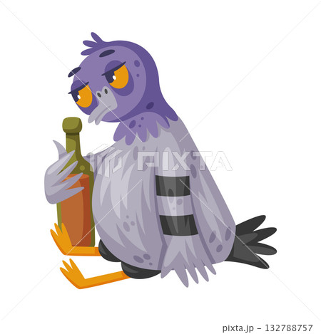 Pigeon Bandit and Criminal Character with Alcohol Bottle Vector Illustration 132788757