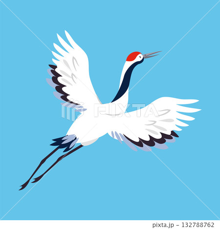Red Crowned Crane as Long-legged and Long-necked Bird Flying with Spread Wings on Blue Background Vector Illustration Red Crowned Crane as Long-legged and Long-necked Bird Flying with Spread Wings on Blue Background Vector Illustration 132788762