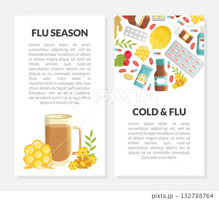 Cold and Flu Remedy with Pills and Medicine Vertical Card Vector Template 132788764