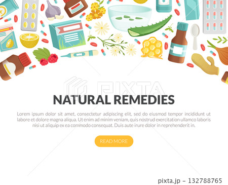 Cold and Flu Remedy with Pills and Medicine Landing Page Vector Template 132788765