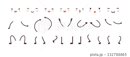 Simple cartoon hands legs face. Kawaii style face elements, cute emotions. Feet and arms in various poses for different characters, vector clipart Simple cartoon hands legs face. Kawaii style face elements, cute emotions. Feet and arms in various poses for different characters, vector clipart 132788865