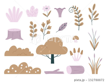 Forest elements. Autumn nature landscape set. Cartoon tree, mushroom, plants, wood, bushes and flower. Natural doodle style vector clipart 132788872