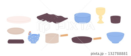Cartoon crockery. Kitchen dishes, ceramic bowls and plates, chicken-shaped egg cup. Pan and pot, cups, stone food stands and cutting board, vector set 132788881