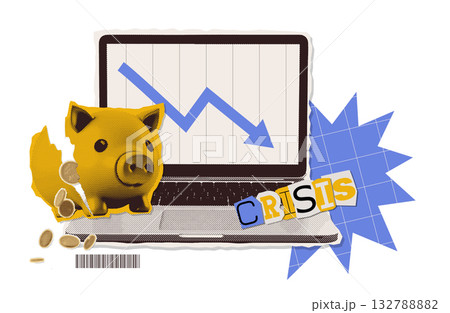 A broken piggy bank against the background of a laptop with a downward-facing graph on the screen. Concept of an economic crisis. Vector illustration in a modern halftone collage style A broken piggy bank against the background of a laptop with a downward-facing graph on the screen. Concept of an economic crisis. Vector illustration in a modern halftone collage style 132788882
