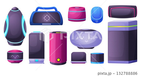 Cartoon smart speaker. Loudspeakers, virtual assistant for work or rest. House modern technology devices design, digital helper in office, nowaday vector clipart 132788886